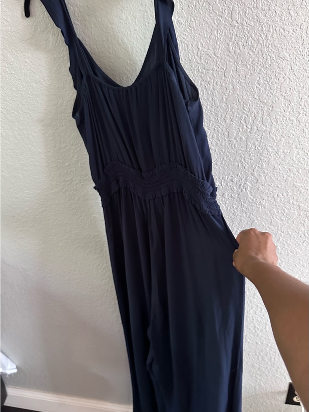 LOFT Navy Sleeveless Wide Leg Jumpsuit Ruffle Trim Smocked Waist Size Large - Picture 5 of 11